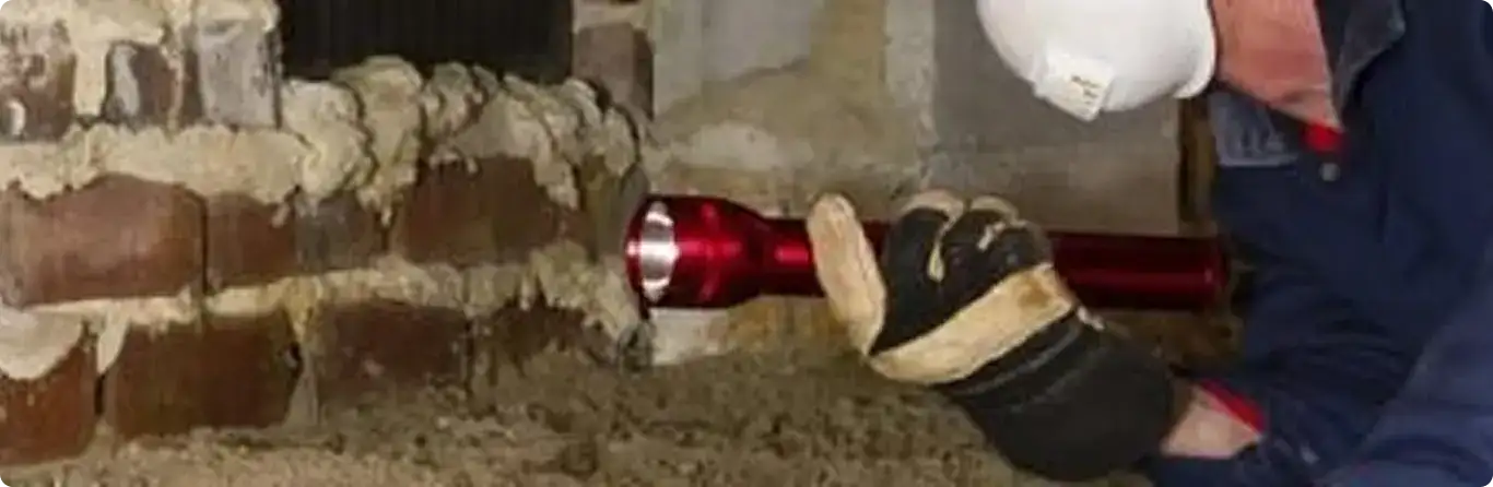Pest control technician inspecting a crawl space for ant activity in North Providence, RI
