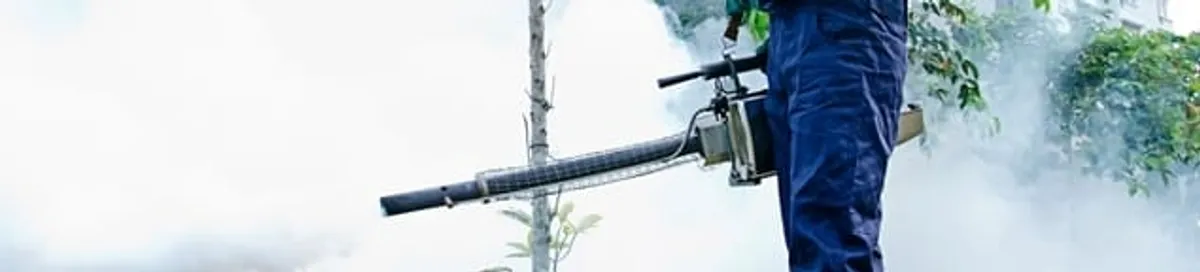 Pest control technician fogging an outdoor area for insect control in Providence, RI